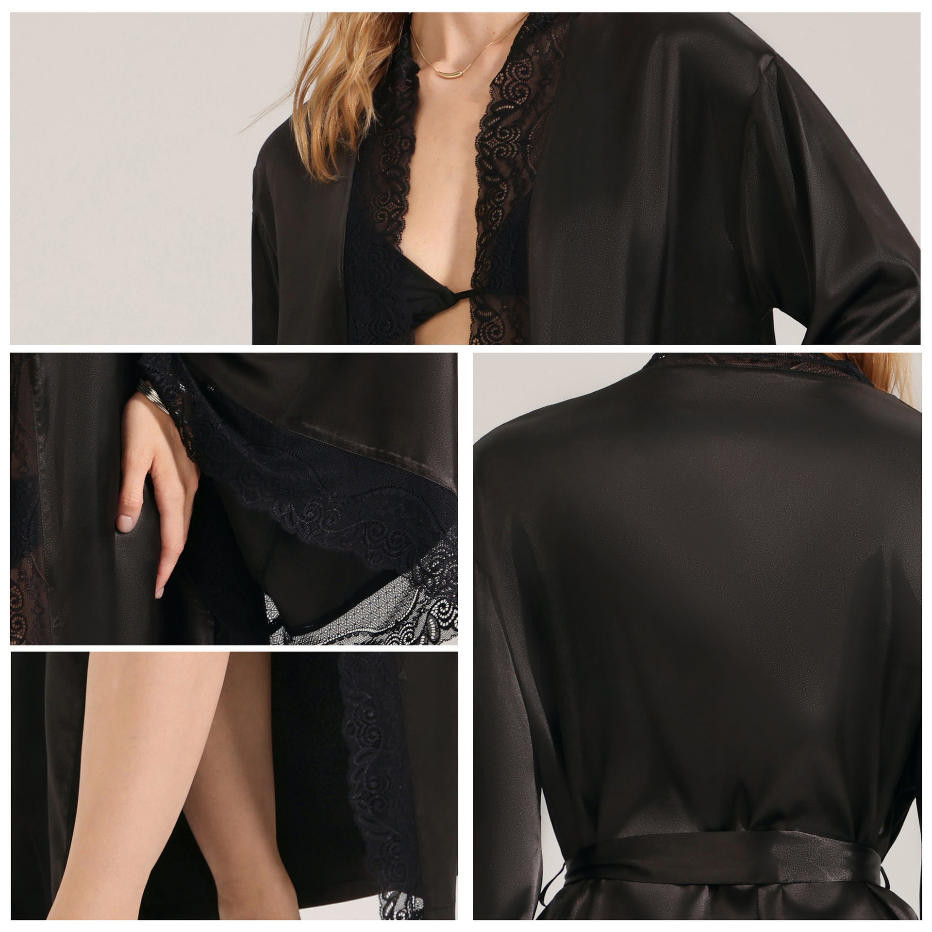 Midnight Bloom Lace-Trimmed Silk Robe - Luxurious Loungewear for the Modern Muse - Image 3