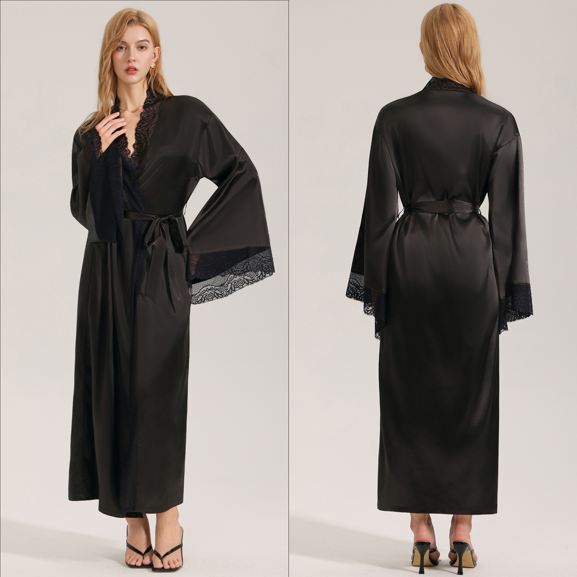 Midnight Bloom Lace-Trimmed Silk Robe - Luxurious Loungewear for the Modern Muse - Image 6