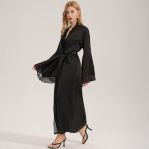 Midnight Bloom Lace-Trimmed Silk Robe - Luxurious Loungewear for the Modern Muse
