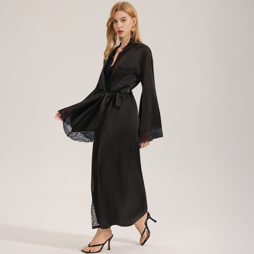 Midnight Bloom Lace-Trimmed Silk Robe - Luxurious Loungewear for the Modern Muse