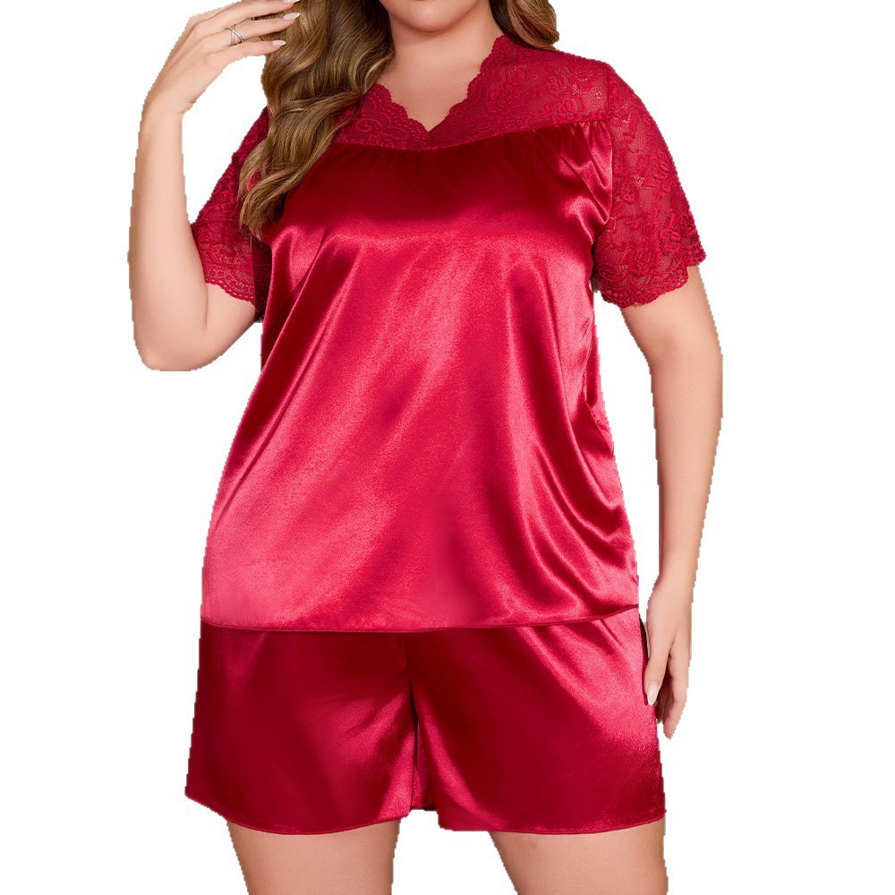 Womens SpringSummer Lace Short-Sleeve Shorts Loungewear Set - Image 5