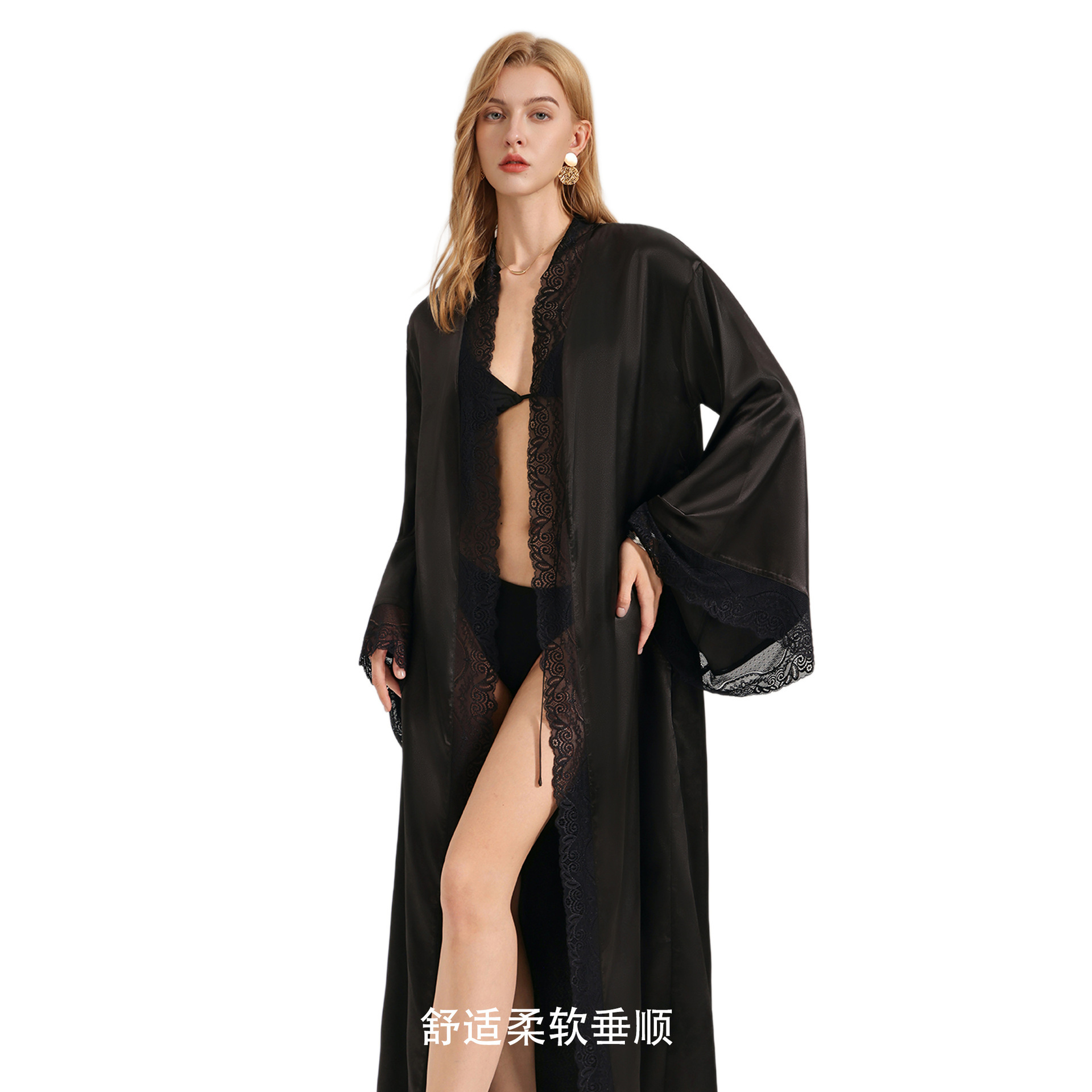 Midnight Bloom Lace-Trimmed Silk Robe - Luxurious Loungewear for the Modern Muse - Image 5