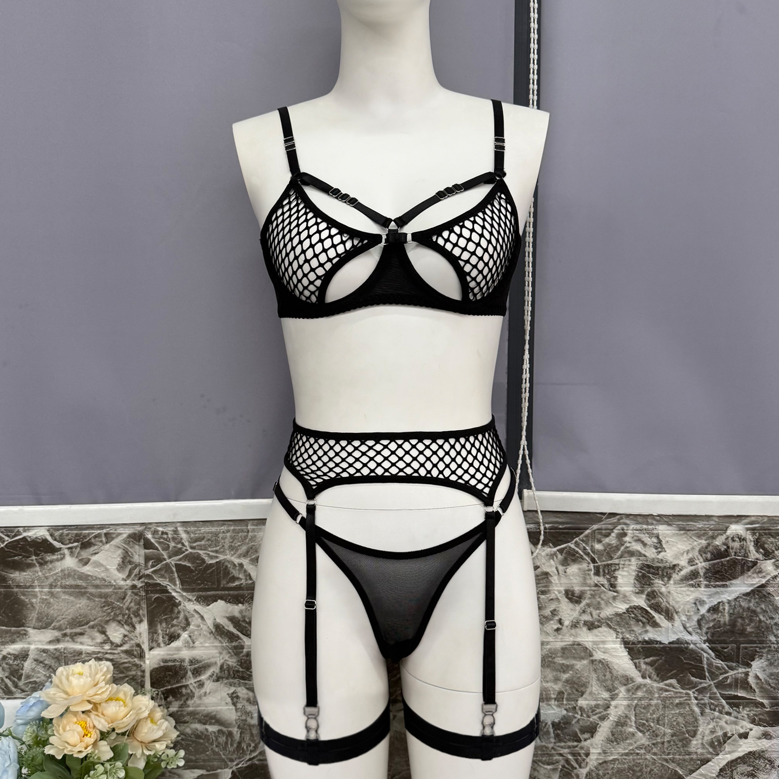 The Euphoria Collection: Midnight Bloom Fishnet Lingerie Set – Embrace Alluring Confidence
